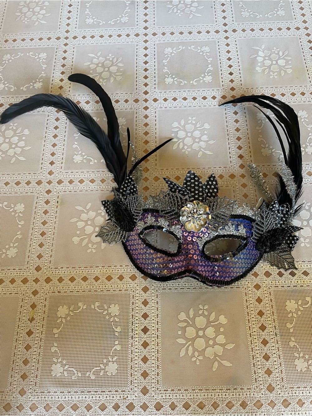 Purple Sequin Feather Masquerade Mask with Black Accents